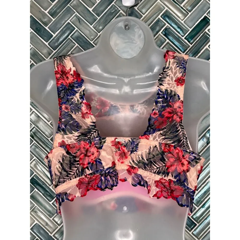 VICTORIA'S SECRET‎ PINK TROPICAL FLORAL LACE HIGH NECK PADDED BRALETTE LARGE